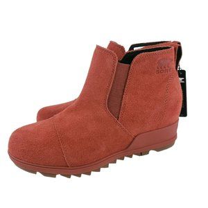 SOREL EVIE Pull On Suede Wedge Bootie Warp Red Gum NEW WITHOUT BOX